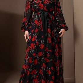Resim Şık Büyük Beden Çiçek Desenli V Yaka Bağlamalı Belli Elbise, %100 Polyester Dokuma Kumaş, Esnek Değil, Dar Kesimli İlkbahar/Sonbahar Maksi Elbise 