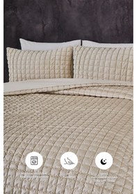 Resim Evlen Home Collection Kadife Stacy Yatak Örtüsü Seti Çift Kişilik Elyaf Dolgulu Yumuşak 3 Parça Bej 