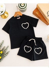 Resim Magu Kız Çocuk Pamuklu Siyah Kalp Cepli T-shirt Şort Takım 