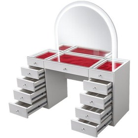 Resim Aynalı Makyaj Masası, Lavin Cam Üst Bölmeli Takı Düzenleyicili Şifonyer Beyaz 