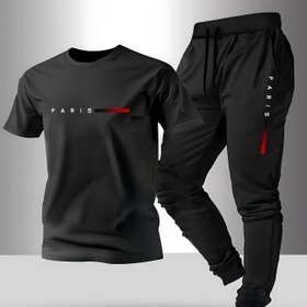 Resim Erkek kısa kollu tişört ve pantolon takımı, bahar ve sonbaharda Paris harf baskılı yuvarlak yaka uzun kollu tişört + çekmece açık hava spor pantolon takım elbise 2 adet 