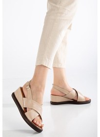 Resim Kadın Dolgu Topuklu Ayakkabı Sandalet Bej Çapraz Bantlı Suni Deri-4096 Bej 