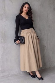 Resim Madmext Bej Beli Lastikli Midi Boy Kadın Etek MG2616 