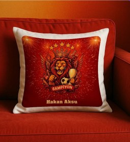 Resim Bk Gift Kişiye Özel Sarı Kırmızı 5 Yıldız Aslan Taraftar Tasarımlı Beyaz Kırlent Yastık-4, Taraftar Hediyesi, Doğum Günü Hediyesi, Arkadaşa Hediye Kob 