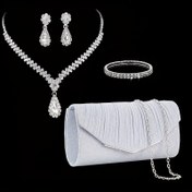 Resim Kadınlar İçin Şık ve Zarif Taşlı Clutch Çanta, Akşam Zincirli Omuz Çantası, Kolye ve Küpe Seti - 4 Parça Set 