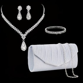 Resim Kadınlar İçin Şık ve Zarif Taşlı Clutch Çanta, Akşam Zincirli Omuz Çantası, Kolye ve Küpe Seti - 4 Parça Set 