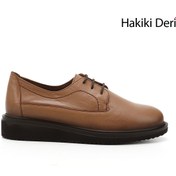 Resim GÖNDERİ(R) Kadın Açık Taba Bağcıklı Dolgu Taban Hakiki Deri Ayakkabı 