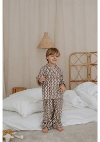 Resim Dalga Desenli Yaka Detaylı Çocuk Pijama Takımı Kahverengi 