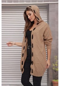 Resim Aqe Fashion Kapüşonlu Kabartma Desenli Şerit Garnili Camel Hırka CAMEL Camel 
