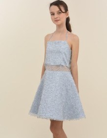 Resim Kız Çocuk Askılı Boncuk İşlemeli Tül Detaylı Tasarım Abiye Elbise-15899 Mavi 