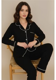 Resim Luxury Viscose Siyah Beyaz Biyeli Kadın Uzun Kollu Pijama Takımı 42586 Siyah 