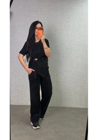 Resim Efnaz Style Kadın Kısa Kollu Bisiklet Yaka Yandan Toka Detaylı Viskon Iki Iplik Bluz Ve Pantolon Ikili Takım Siyah 