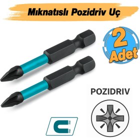 Resim Pozidriv Uç (2 Adet) Mıknatıslı Bits Pz2 50 mm Vida Sökme 5 cm Yıldız Matkap Vidalama Ucu S2 Çeliği 