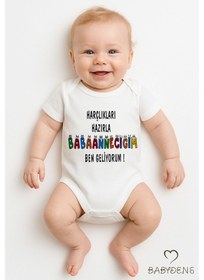 Resim Babyden's Harçlıkları Hazırla Babaanneciğim Yazılı Çıtçıtlı Bebek Body Tulum %100 Pamuk Kısa Kollu Zıbın Beyaz 