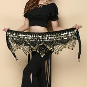 Resim Kadınlar için Altın Paralar ve Boncuklarla Zeybek Dansı Bel Zinciri Kemer - Orta Doğu Dansları için Siyah Polyester Kalça Eşarp Kemer, Geleneksel Kostüm Aksesuarı 