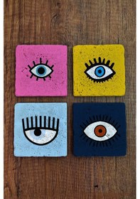 Resim Doğal Taş Bardak Altlığı 4'lü Set - Renli Gözler Nazar - Stone Coasters Çok Renkli 