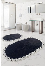 Resim Gülruba Oval Siyah Çeyizlik Dantelli 2'li Banyo Paspası Seti Kaymaz Tabanlı Klozet Takımı 