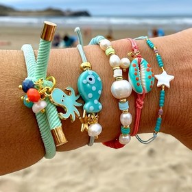 Resim 5 Adet Bohemiyen Plaj Okyanus Seramik Balık Ahtapot Kabuk Yıldız Charm Ayarlanabilir Dokuma Bileklik Seti, Kadın Moda Takı, Tatil Partisi Aksesuarı, Tüm Mevsim Giyim 