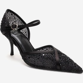 Resim Luvishoes Rachel Siyah Saten Taş Detaylı Fileli Kadın İnce Topuklu Abiye Ayakkabı 