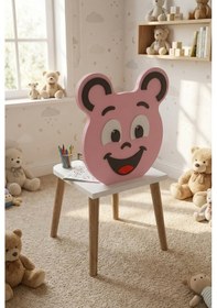 Resim Çocuk Sandalyesi Happy Face Ahşap Ayaklı, Sevimli Figürlü Pembe 