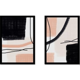 Resim Bej Siyah Soyut İkili Çerçeveli Cam Tablo Seti-172110 