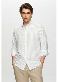 Resim Ds Damat Slim Fit Açık Mavi Çizgili Düğmeli Yaka %100 Pamuk Flamlı Yazlık Keten Görünümlü Gömlek 0HC02ORT06265 Açık Mavi 