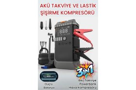 Resim Post Alley Jump Starter 4-In-1 Akü Takviye Cihazı 3’ü 1 Arada Powerbank Hava KOMPRESÖRÜ,12.000M Ah LED Ekranlı 