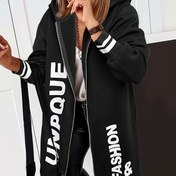 Resim Kadın Kapüşonlu Ceket - Fermuarlı Dış Giyim, Yumuşak ve Sıcak Sonbahar/Kışlık Günlük Kıyafet, Makinede Yıkanabilir Şık Kapüşonlu Sweatshirt (Siyah/BEYAZ HARFLİ) - Trendy Hoodie, Ayarlanabilir Bağcıklı Kapüşon 