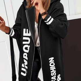 Resim Kadın Kapüşonlu Ceket - Fermuarlı Dış Giyim, Yumuşak ve Sıcak Sonbahar/Kışlık Günlük Kıyafet, Makinede Yıkanabilir Şık Kapüşonlu Sweatshirt (Siyah/BEYAZ HARFLİ) - Trendy Hoodie, Ayarlanabilir Bağcıklı Kapüşon 