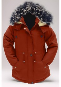 Resim Unisex Kız/erkek Çocuk Kışlık Kanvas Kumaş Büzmeli Diz Üstü Içi Kürk Kapüşonlu Kaban Mont-mnt-0005 Kiremit 