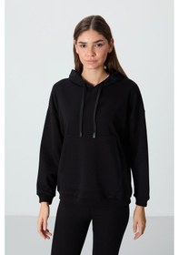 Resim Tommy Life Siyah Kompakt Pamuklu Kalın Pürüzsüz Dokulu Kapüşonlu Oversize Fit Kadın Sweatshirt - 97291 Siyah 