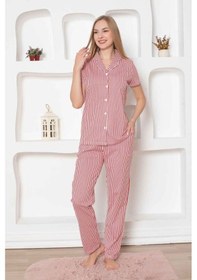 Resim Monox Kadın Önden Düğmeli Kısa Kol Likralı Çizgili Gömlek Pijama Takımı Kırmızı 
