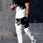 Resim Erkekler için 3D baskılı, kısa kollu ve şık çizgili desenli spor pantolonlu iki parçalı takım 