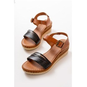 Resim 731-07 Siyah Ortopedik Hakiki Deri Dolgu Kadın Sandalet Altın - Taba 