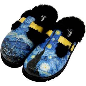 Resim Dogo Kadın Vegan Deri Mavi Içi Peluş Terlik - Vincent Van Gogh The Starry Night Tasarım 