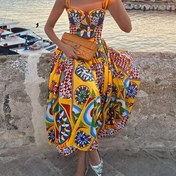 Resim Kadınların Bohem Tarzı Maxi Elbisesi Çiçek Desenli - Yaz, Tatil Elbisesi için Sarı, Yeşil, Mavi ve Altın Renkli Polyester Elbise|Bohem Elbise|Polyester Kumaş 
