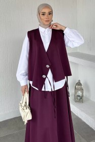 Resim Bel Lastikli Etek Gömlek Taşlı Yelek Tesettür Üçlü Takım Mürdüm TZL-P-00020926 