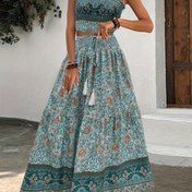 Resim Kadınların Çiçek Desenli Spagetti Askılı Etek, Dantel Detaylı - Rahat İki Parça Takım, Polyester, Şirin Bel, Canlı Kırmızı ve Mavi Çiçekler, Bahar/Yaz Kıyafeti, Rahat Kıyafet|Çiçek Desenli Etek|Polyester Kumaş 