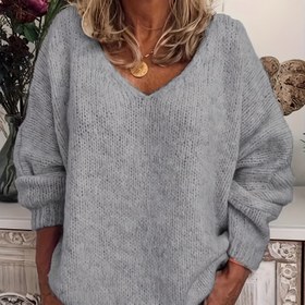 Resim Kadınlar İçin Gri V Yaka Kazak - Bol Kesim Omuz Düşük Uzun Kollu Üst, Orta Esneklik Makinede Yıkanabilir İlkbahar/Sonbahar Şık Katmanlı Giysi, Rahat Örgü Kazak 
