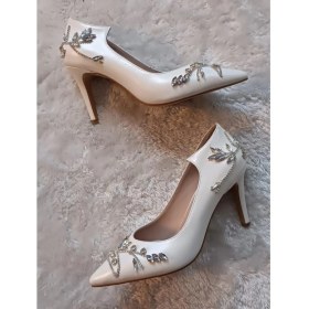 Resim Ruxene Kadın Gümüş Taş Işlemeli Beyaz Stiletto 8cm Gelin Ayakkabısı El Yapımı Tasarım 