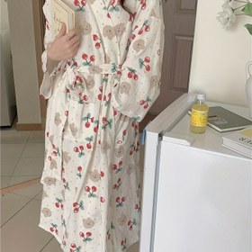 Resim 1 adet Kadınlar için Sevimli Kiraz Ayı Baskılı Kimono Banyo Takımı - V-Yaka Uzun Kollu Bol Kesim Bağcıklı Bel ve Cep Detaylı, Yumuşak Polyester Ev ve Günlük Giyim, Bahar/Sonbahar, Kiraz Ayı Tasarımı, Rahat Uygunluk 