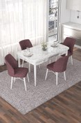 Resim Canisa Nef Serisi, Beyaz Mermer Desen 70x114, Açılabilir Mdf Yemek Odası Takımı, 4 Gülkurusu Sandalye 