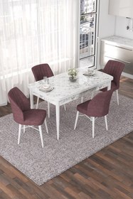 Resim Canisa Nef Serisi, Beyaz Mermer Desen 70x114, Açılabilir Mdf Yemek Odası Takımı, 4 Gülkurusu Sandalye 