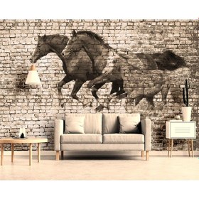 Resim 3D Taş Desen Duvar Koşan Atlar Duvar Kağıdı 