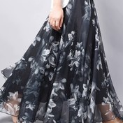 Resim Elegant Floral Print Chiffon Maxi Etek Elastik Bel - Kadınlar için Hafif 110g/m² Yaz Etek, Geniş Bacaklı Tasarım, Makine Yıkanabilir, Beyaz Çiçek Desenleriyle Siyah 