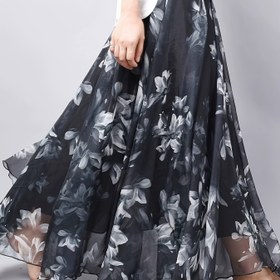 Resim Elegant Floral Print Chiffon Maxi Etek Elastik Bel - Kadınlar için Hafif 110g/m² Yaz Etek, Geniş Bacaklı Tasarım, Makine Yıkanabilir, Beyaz Çiçek Desenleriyle Siyah 
