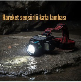 Resim Hareket Sensörlü Çift Işık Kaynaklı Şarjlı Kafa Lambası Siyah 