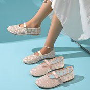 Resim Kadınların Nefes Alabilen File Slip-On Balelet Flats ile Ayarlanabilir Toka Kayışı - Hafif Rahat Yuvarlak Parmak Ayakkabıları Tüm Mevsim Giyim, Beyaz ve Pembe Çiçek Nakış Tasarımı, Bayan Ayakkabıları, Günlük Ayakkabılar, Dayanıklı Tpr Taban 