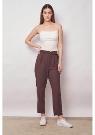 Resim JUMENT Keten Yüksek Bel Pileli Beli Lastikli Kemerli Boyfriend Pantolon-kahve 