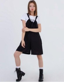 Resim Zekids Kız Çocuk Askılı Kısa Tshirt İle Takım Keten Tulum-13784 Siyah 